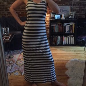 Grey & white striped racer back maxi dress